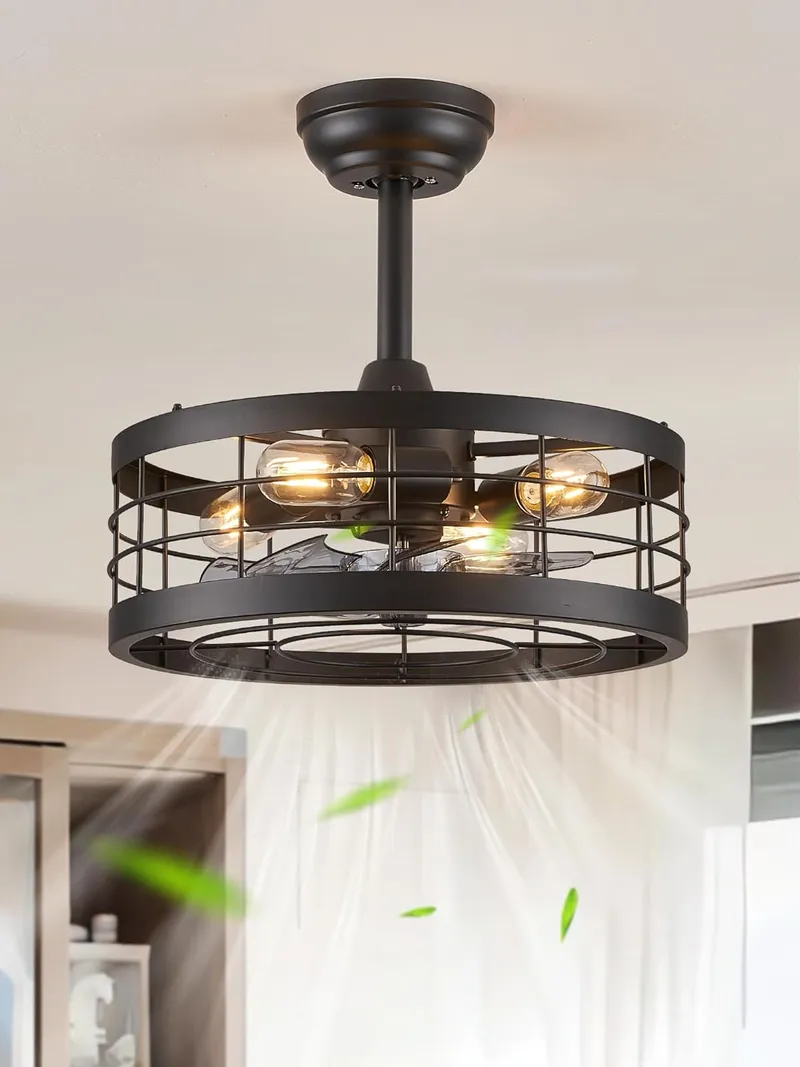 LEDIARY 16.5 inch Black Caged Ceiling Fan with Light